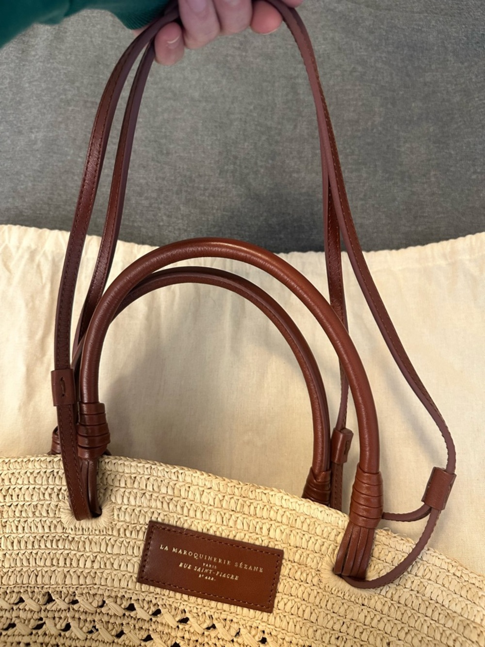 Sezane NWOT Justine Woven Raffia Tote Bag with Brown Leather Handles & Accents - Picture 4 of 6